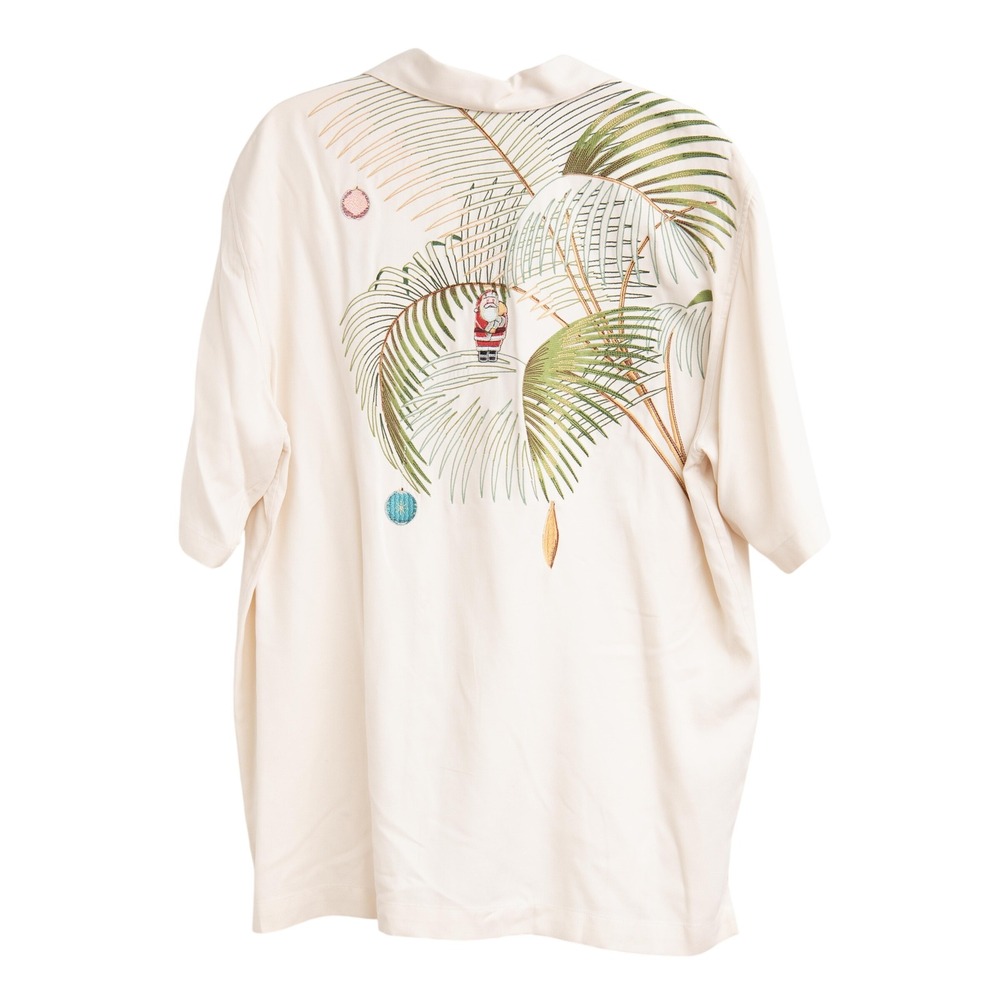 Tori Richard Men L Cream Silk Tropical Palm Christmas Santa Embroidered Shirt